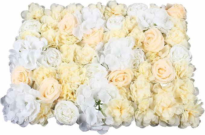LOYALHEARTDY 12 Pack 24" x 16" Artificial Flower Wall Panels Hydrangea and Rose Flower Backdrop Panels Wedding Party Event Decoration (12 PCS, Yellow+White)
