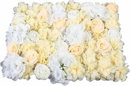 LOYALHEARTDY 12 Pack 24" x 16" Artificial Flower Wall Panels Hydrangea and Rose Flower Backdrop Panels Wedding Party Event Decoration (12 PCS, Yellow+White)
