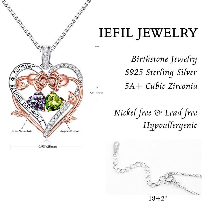 Iefil Rose Heart Double Birthstone Necklace Gifts for Wife Her Mom Women, Birthstone Jewelry Gemstone Birthday Gifts for Girlfriend Grandma Her Wife Women