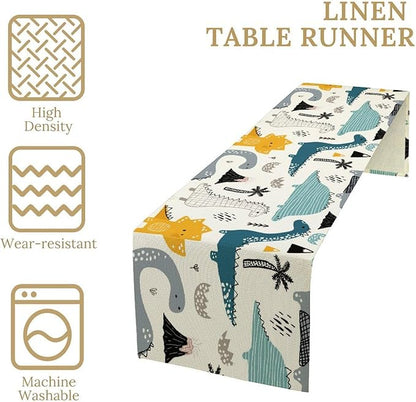Cartoon Dinosaur Table Runner,Kids Boys Cute Various Dino Moutain Modern Abstract Print Tablecloth Burlap for Hotel Indoors Outdoor Dining Room Kitchen Holiday Party, 13x108in