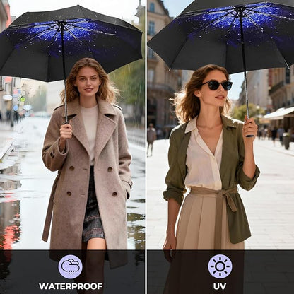 LLanxiry Compact Travel Umbrella, 44" Canopy, Automatic Open/Close Windproof Umbrella, 210T Pongee, 8-Rib Fiberglass, Travel Size Mini, Portable Rain/Sun Umbrellas UPF 50+ with Cover