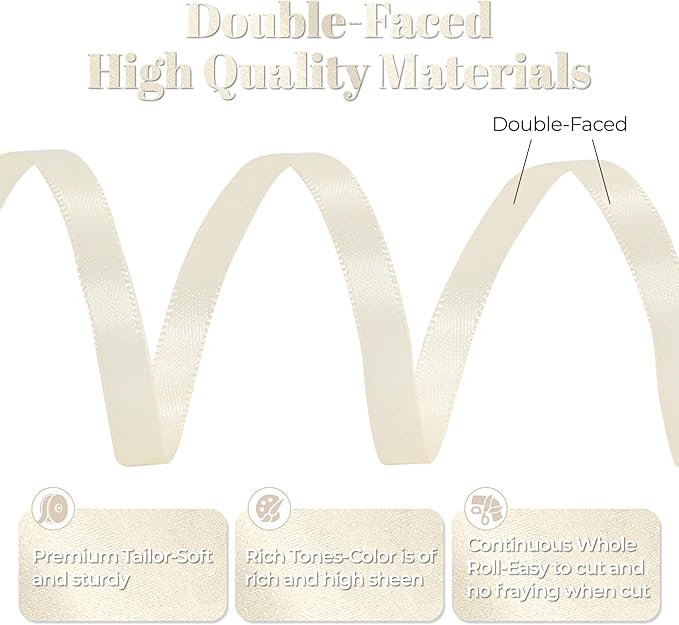 Cream Satin Ribbon, Double Faced 1/4 Inch X 25 Yards Cream Ribbon, Premium Satin Ribbon for Gift Wrapping, Crafts, Hair Bow Making, Sewing, Flower Bouquet, Wedding Party Decor