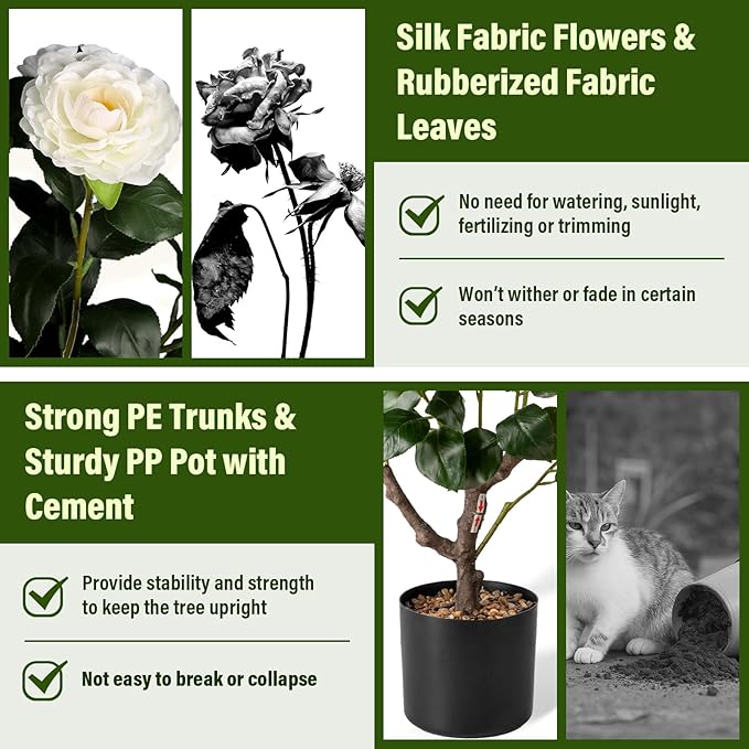 Artificial Camellia Tree,2Pack 3.2FT Faux White Camellia Plants in Pots,Lifelike Artificial Flower Trees for Indoor Outdoor Home Decor,Realistic Blooming Faux Plants for Living Room Porch Patio Office