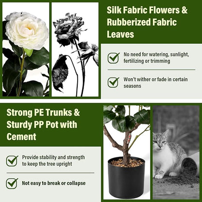 Artificial Camellia Tree,2Pack 3.2FT Faux White Camellia Plants in Pots,Lifelike Artificial Flower Trees for Indoor Outdoor Home Decor,Realistic Blooming Faux Plants for Living Room Porch Patio Office