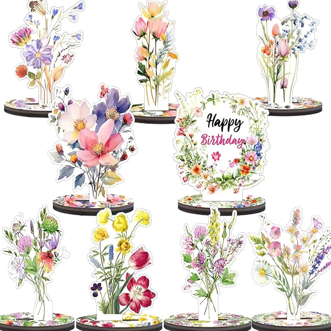 Wooden Wildflower Party Decorations - 9PCS Flower Birthday Table Sign Decor,Wildflower Party Centerpieces Table Topper,Wildflower Decor Supplies,Floral Party Wedding Decoration