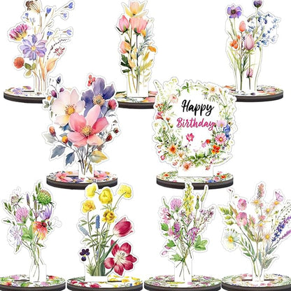 Wooden Wildflower Party Decorations - 9PCS Flower Birthday Table Sign Decor,Wildflower Party Centerpieces Table Topper,Wildflower Decor Supplies,Floral Party Wedding Decoration