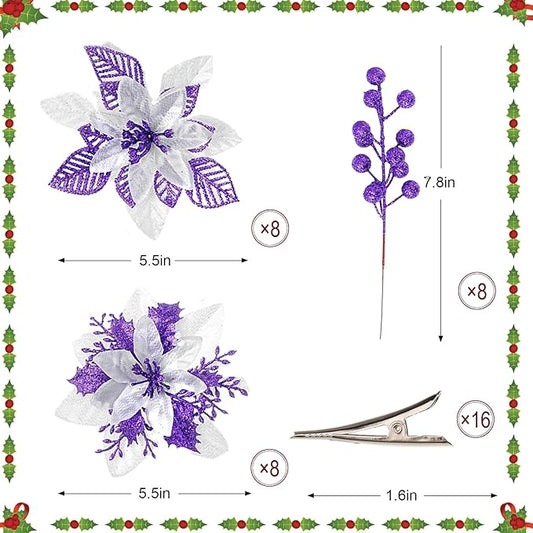 24 Pcs Purple Boxed Christmas Poinsettia Flowers Set, 16 Pcs Artificial Poinsettias with Clips, 8 pcs Glitter Christmas Tree Ornaments Berry Stems for Wedding Home Holiday Xmas New Year Decorations