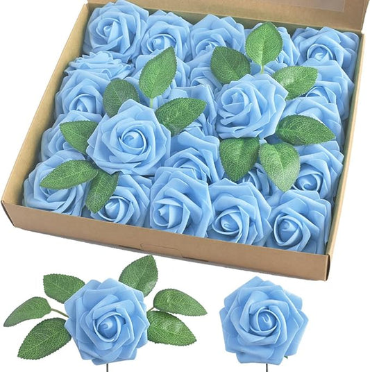 homEdge Artificial Rose, 25pcs Foam Artificial Flowers with Stem for Home Decorations, Wedding Bouquets, Party, Certerpieces, Anniversaries-Aqua Blue