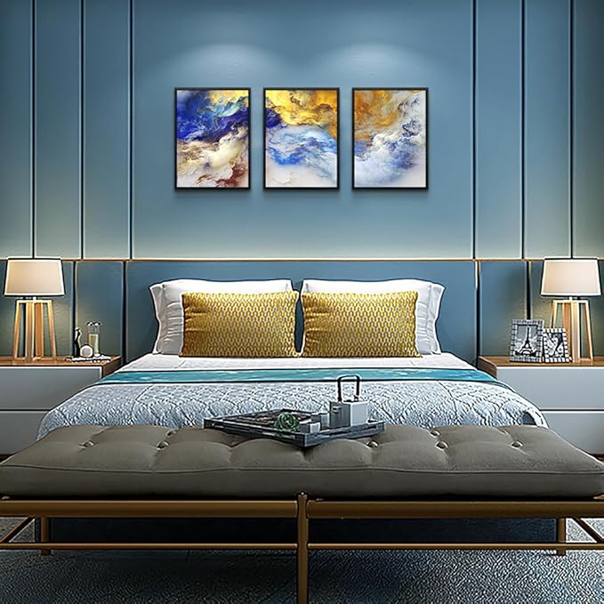 Black Framed Abstract Wall Art for Living Room and Bedroom - Set of 3 Watercolor Painting Prints - Contemporary Home Decor - Office Decorations - 12"X16"