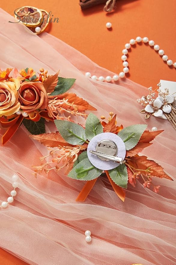 Serwalin Set of 2 Boutonniere for Men, 6-7 Inch Corsage Groom and Best Man Boutonnieres for Wedding Prom Ceremony Anniversary Party Cake Topper (Orange)