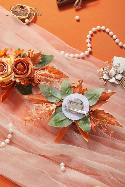 Serwalin Set of 2 Boutonniere for Men, 6-7 Inch Corsage Groom and Best Man Boutonnieres for Wedding Prom Ceremony Anniversary Party Cake Topper (Orange)