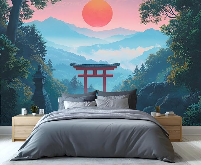 KIREUPA Japanese Torii Gate Wall Mural, Sunrise Mountain Landscape 3d Wall Murals, Zen Nature Art Wallpaper Mural, for Living Room Bedroom Large Wallpaper Indoor Decor 59" W x39.4 H