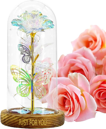 Artificial Glass Flowers, Encourages Romantic Gestures, 11.5x11.5x22cm, Wedding Decoration Dome, Rose Dome Centerpiece, LED Illuminated Design, for Holiday Birthday Mother’s Day Wedding Women