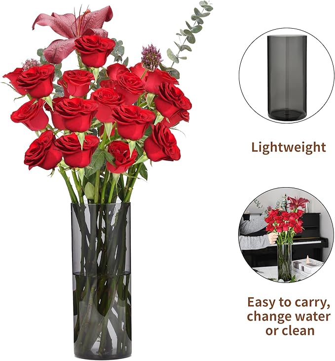 Flower Vase, Non-breakable Vases, 6" W x 14" H, Acrylic Grey Vase, Aesthetic Room Decor Cylindrical Modern Flower Vases for Table Centerpiece, Home Decor, Women Floral Arrangement Gift