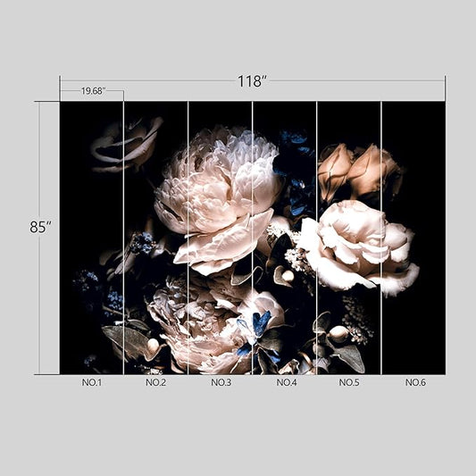 Black Peony Floral Wallpaper Peel and Stick Wall Mural for Bedroom Living Room - 85"x118"