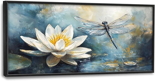 Extra Large Lotus Dragonfly Framed Wall Art for Living Room,Abstract Blue Lotus Flower Lake Pictures Wall Decor,Nature Canvas Print Painting Modern Artwork Bedroom Office Bathroom 60L x 30W