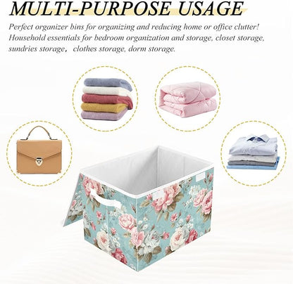 susiyo Cute Floral Pattern Storage Bins with Lids and Carrying Handle Foldable Storage Boxes Organizer Containers Baskets Cube Shelf organizers for Clothes Toys Office
