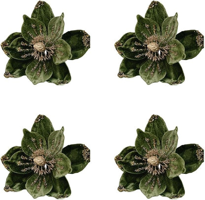 Set of 4 Gold Glitter Christmas Floral Decorations with Soft Flannelette, 15x26cm Artificial Flowers for Holiday Tree Ornaments, Wreaths, and Festive Tabletop Arrangements