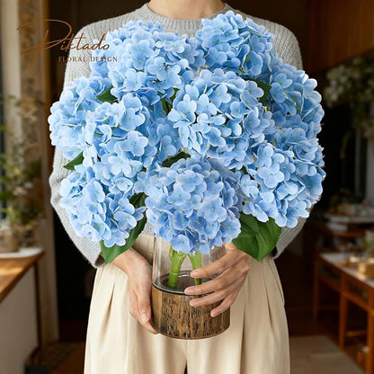 A Bunch 21in, Real Touch Hydrangea Artificial Flowers, with 5pcs Flower Head 10pcs Leaves, Faux Hydrangea Flowers for Home Office Decor Wedding Party Arrangements (1, Blue)