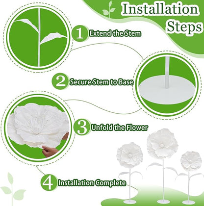 White Giant Flowers with Stand - 3 Metal Base Giant Paper Flower Flexible Big Flowers Decor for Birthday Party Baby Show Wedding Art Exhibition