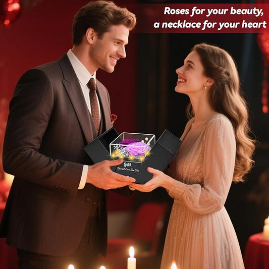 2 Preserved Rose Gift for Women - Eternal Rose with I Love You Necklace - Romantic Birthday Gifts for Girlfriend Mom Her Wife Grandma on Valentines Mothers Day Anniversary Christmas-Purple