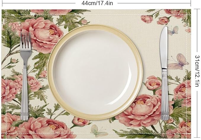 Pink Flowers Placemats Set of 6, 17x12 Inch Rustic Farmhouse Romantic Spring Floral Blossom Butterfly Table Mats for Home Party Kitchen Dining Decor