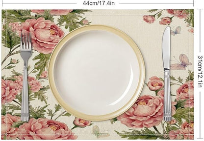 Pink Flowers Placemats Set of 6, 17x12 Inch Rustic Farmhouse Romantic Spring Floral Blossom Butterfly Table Mats for Home Party Kitchen Dining Decor