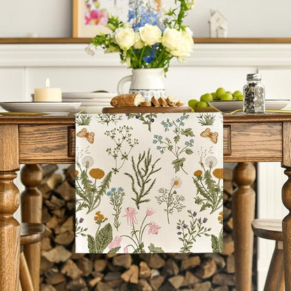 Artoid Mode Wildflowers Floral Spring Table Runner, Butterfly Seasonal Summer Kitchen Dining Table Decoration for Home Party Decor 13x90 Inch