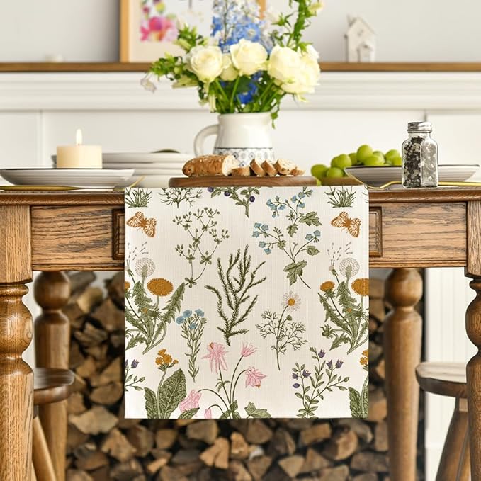 Artoid Mode Wildflowers Floral Spring Table Runner, Butterfly Seasonal Summer Kitchen Dining Table Decoration for Home Party Decor 13x60 Inch