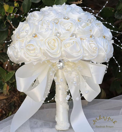 Bridal Wedding Bouquet Round Bling Brooch Bouquet Throw Toss Artificial Rose Flower Bunch for Bride Bridesmaid Wedding Quinceanera(Ivory, 9.8")