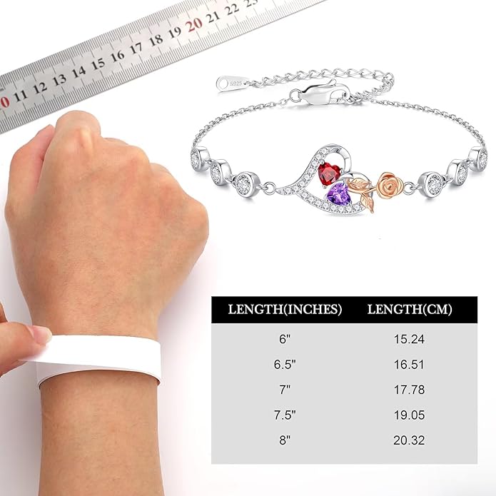 Iefil Christmas Gifts for Women - Birthstone Bracelet for Women, 925 Sterling Silver Rose Heart Charm Bracelets, Anniversary Birthday Gifts for Women Wife Mom Daughter, 6"+2"