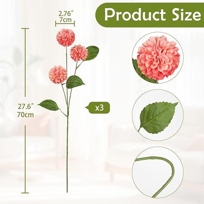 Hollyone 27.6" Pink Artificial Dahlia Flowers 3Pcs Fake Roses Bouquet Ball Dahlia Flower Arrangement Faux Pincushion Flower with 3 Heads Long Stem for Centerpiece Home Decor