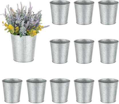 NUPTIO Rustic Galvanized Vases for Centerpiece: 12 Pcs 5" Small Ribbed Vases for Flowers Bulk Metal Bucket Planter Pots for Wedding Table Home Decor