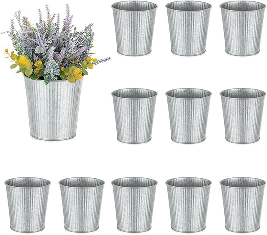 NUPTIO Rustic Galvanized Vases for Centerpiece: 12 Pcs 5" Small Ribbed Vases for Flowers Bulk Metal Bucket Planter Pots for Wedding Table Home Decor
