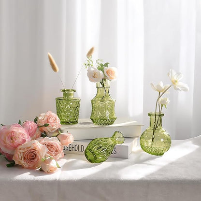 Green Small Bud Vases in Bulk 12, Vintage Embossed Flower Vases for Centerpieces, Boho Glass Vase for Flowers, Decorative Mini Vase for Wedding Decoration Party Baby Shower Home Dining Table