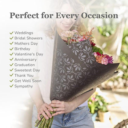 the florist Supply 20 Sheets Premium Flower Wrapping Paper | Waterproof Flower Wrapping Paper for Bouquets | Double Sided Floral Bouquet Sheets | DIY Gifts Isabella Black/Metallic Black