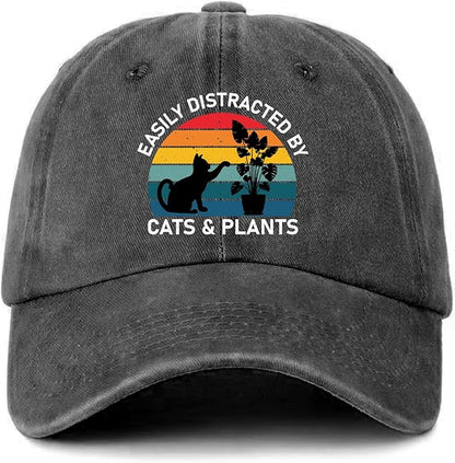 Funny Cats Plants Distressed Washed Black Baseball Caps Easily Distracted by Cats & Plants Printed Cotton Adjustable Hats Christmas Birthday Gifts for Women Men Friend Cat Lover Plant Lover