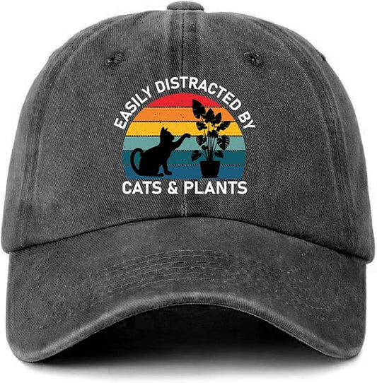 Funny Cats Plants Distressed Washed Black Baseball Caps Easily Distracted by Cats & Plants Printed Cotton Adjustable Hats Christmas Birthday Gifts for Women Men Friend Cat Lover Plant Lover