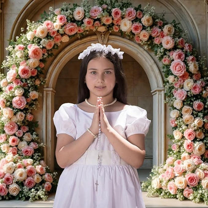 7x5ft Vintage Pink Roses Floral Backdrop Retro Palace Wall Flowers Arch Photography Background for Wedding Mothers Day Valentines Day Bridal Birthday Princess Couples Women Portraits