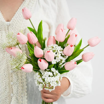 Real Touch Artificial Tulips, 20pcs Fake Tulip Flowers Stem, PU Faux Tulips 13.5” for Mother's Day, Home Decor, Wedding, Easter Valentine's Gift, Table Centerpieces, Floral Arrangements, Pink