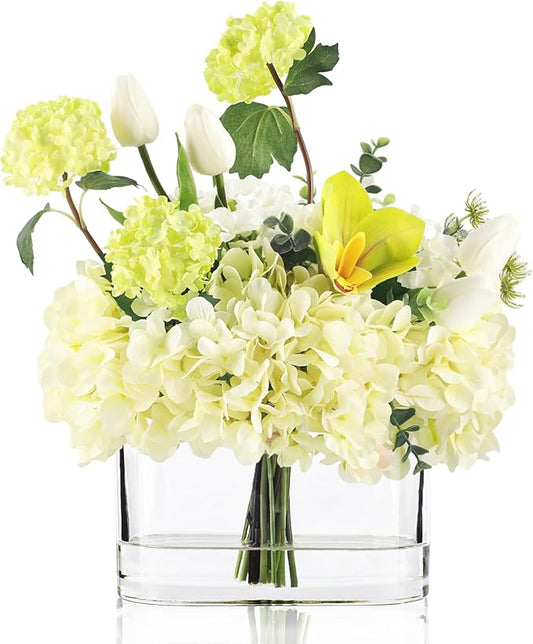 Fake Hydrangea Tulip Flowers in Vase, Artificial Flowers in Vase, Silk Hydrangea Tulip Flowers Dining Table Centerpiece Decorations for Living Room Birthday Wedding Party Decoration & Gift (Green)