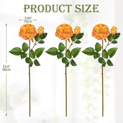 Real Touch Artificial Roses (Set of 3) – 23.6" Long Stem Orange Garden Roses – Lifelike Faux Silk Flowers for Wedding Bouquets, Home Décor, Centerpieces & Floral Arrangements