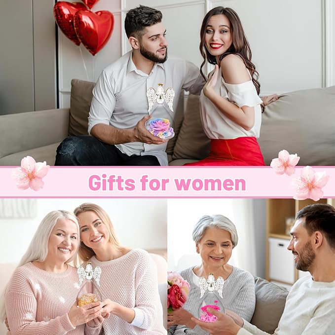 Yamonic Mom for Mom Grandma, Angel Figurines with Real Rose Birthday Gifts for Moms Women, Preserved Rose Flower Angel Figurines for Mothers Day Valentine's Day Gifts for Her(Rainbow)