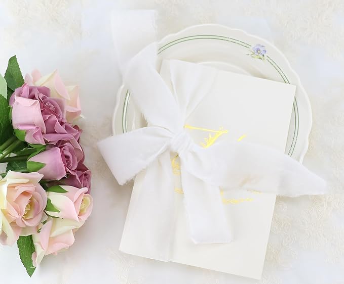 MAYREEL 2 Inch White Velvet Ribbon Hand Torn Snow White Silk Frayed Edge for Bridal Bouquets Invitations Wedding Vow Books Gift Baskets Hair Bows 3 Yards