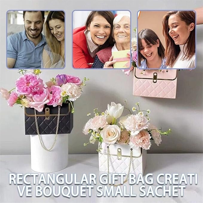 NADUSEP 4 PCS Flower Paper Gift Box, Bouquet Storage Bucket Florist Handbag with Metal Chain, Gift Craft Wrap Bag for Wedding Party Valentine's Day Birthday Mother's Day Bridal Shower Gift Wrap Bags (White Pink)