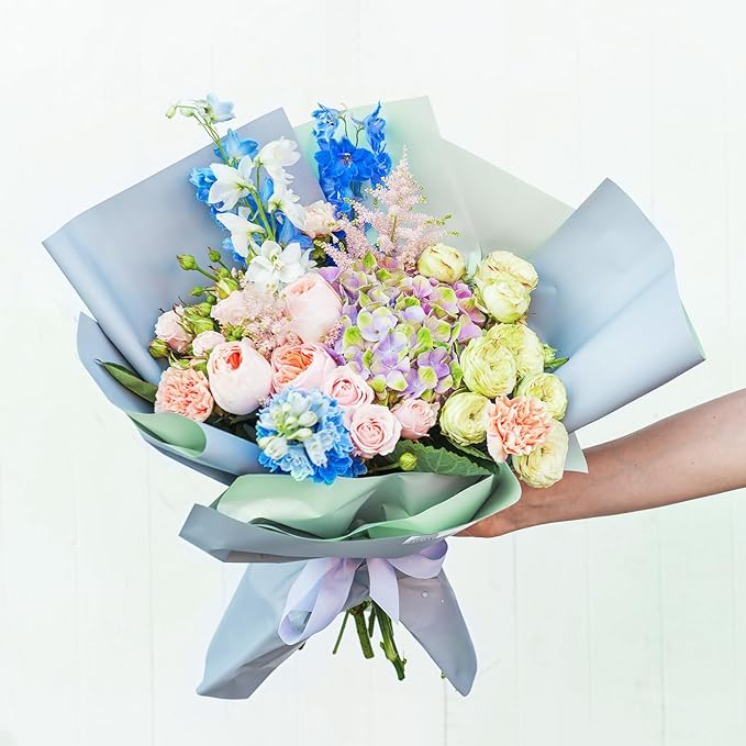 LeZakaa 20 Sheets Flower Wrapping Paper - Waterproof Reversible Floral Bouquet Paper - Green Gray and Mist Blue Design for Baby Shower, Mother's Day, Parties, Birthdays, Weddings