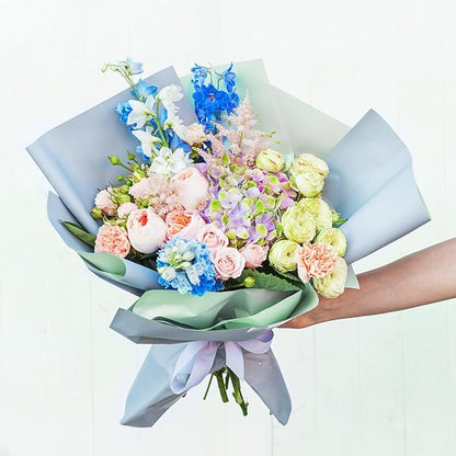 LeZakaa 20 Sheets Flower Wrapping Paper - Waterproof Reversible Floral Bouquet Paper - Green Gray and Mist Blue Design for Baby Shower, Mother's Day, Parties, Birthdays, Weddings
