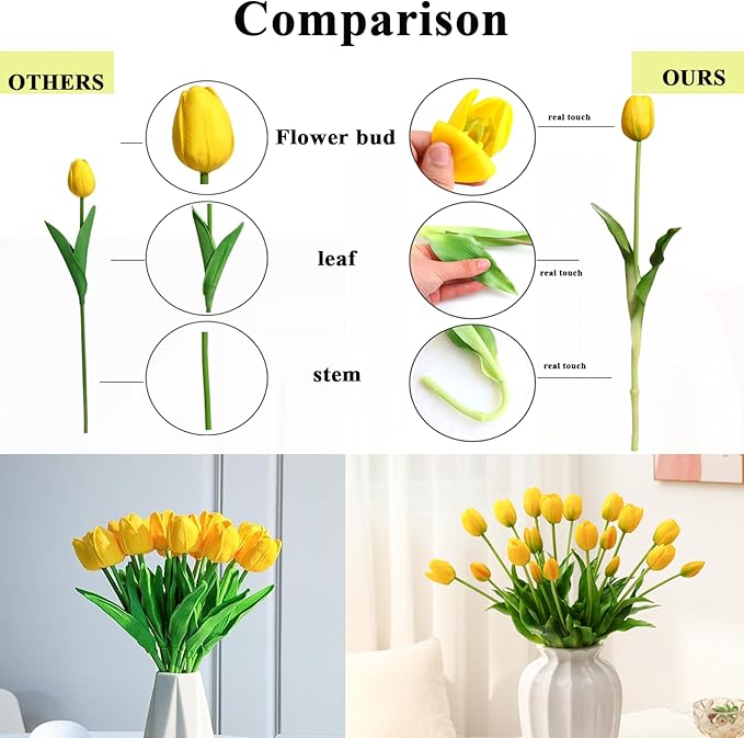 Artificial Tulips 20pcs Fake Yellow Tulips Real Touch, Faux Latex Tulips Flowers with Gift Box for Party Wedding Home Room Decoration