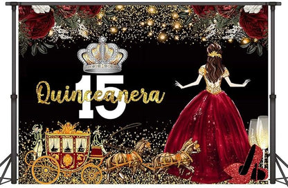 Red Dress Rose Flower Backdrops Quinceanera Birthday Backdrop for Girl Princess Happy 15th Bday Carriage Photography Props Cake Table Banner 5x3ft MBJLSLU33