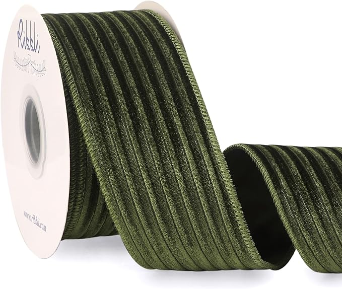 Ribbli Glossy Moss Green Velvet Wired Ribbon 2.5 Inch Striped Velvet Christmas Ribbon for Gift Wrapping Christmas Tree Decoration Crafts Wreaths Supplies-Continuous 10 Yards